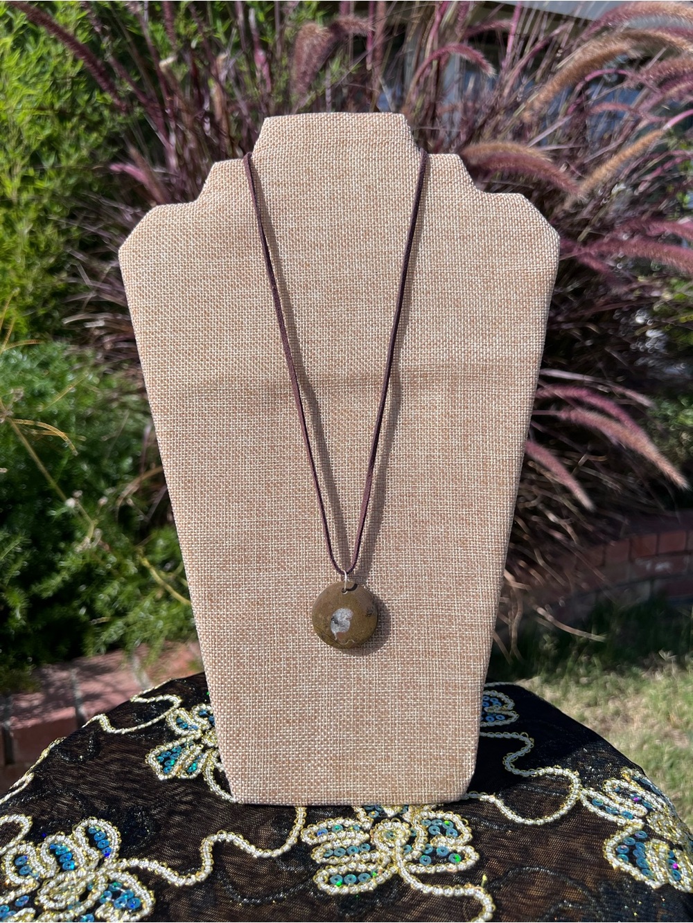 Brown Stone Pendant Necklace on Brown Cord